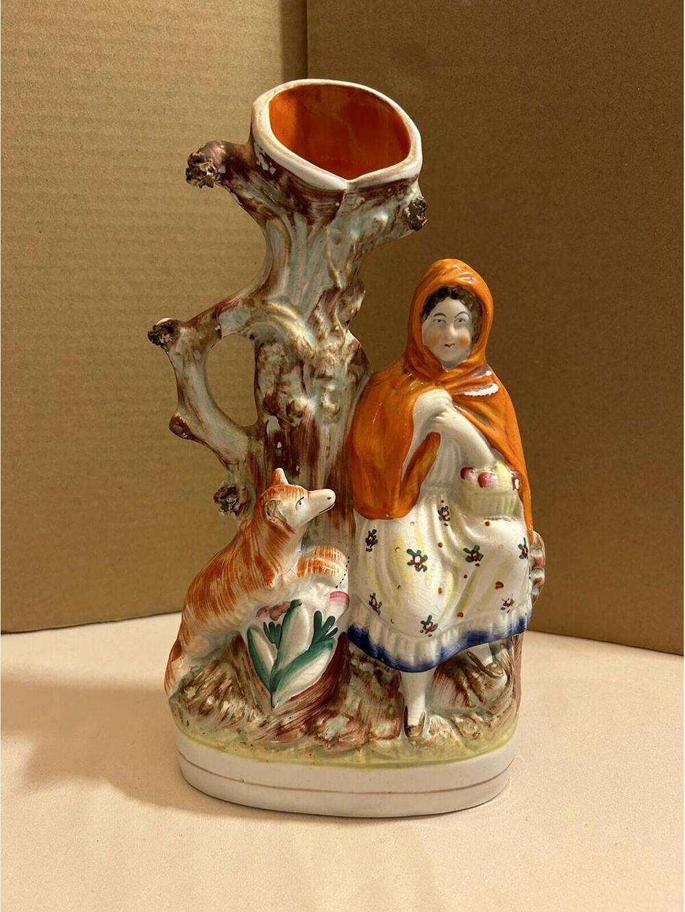 Staffordshire Figurine LITTLE RED RIDING HOOD VASE WOLF c. late 1800 England